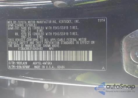 2015 Toyota Venza Xle из США, поврежденный, VIN 4T3BA3BB2FU069492